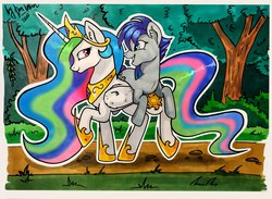Size: 2560x1870 | Tagged: safe, artist:das_leben, princess celestia, oc, oc:tender sugarcube, alicorn, earth pony, pony, g4, forest, road, smiling, traditional art