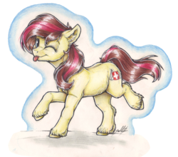 Size: 2400x2115 | Tagged: safe, artist:gaelledragons, earth pony, pony, :p, cute, ear fluff, female, high res, mare, nation ponies, one eye closed, ponified, silly, solo, switzerland, tongue out, traditional art, unshorn fetlocks, wink