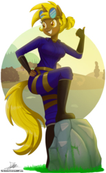 Size: 1020x1660 | Tagged: safe, artist:the-butch-x, oc, oc only, oc:golden gear, unicorn, anthro, clothes, female, goggles, grin, hand on hip, mare, smiling, solo, thumbs up