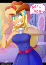 Size: 1120x1560 | Tagged: safe, artist:the-butch-x, applejack, equestria girls, g4, make up shake up, my little pony equestria girls: summertime shorts, and then there's rarity, angry, applejewel, bare shoulders, beautiful, breasts, busty applejack, carousel boutique, clothes, commission, cowboy hat, dialogue, dress, eyeshadow, fall formal outfits, female, freckles, hat, letterboxing, lipstick, makeup, shoulder freckles, solo, stetson, wtf