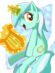 Size: 768x1024 | Tagged: safe, artist:erufi, lyra heartstrings, pony, unicorn, g4, abstract background, female, glowing horn, horn, levitation, looking at you, lyre, magic, mare, open mouth, profile, sitting, smiling, solo, telekinesis