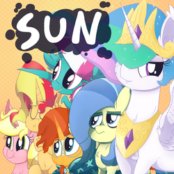 Size: 4000x4000 | Tagged: safe, artist:dragonpone, derpibooru exclusive, princess celestia, spring step, sunburst, sunlight spring, sunset shimmer, sunshine smiles, sunshower, alicorn, pegasus, pony, unicorn, belly button, bipedal, catasterism, cheek fluff, chest fluff, crossed hooves, ear fluff, eyes closed, feather, flying, hair over one eye, lidded eyes, namesake, smiling, spread wings, stellar similarities, sun, sunshine shimmer, tongue out, wings