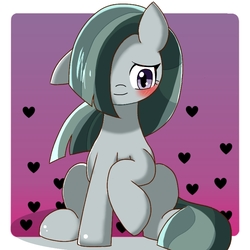 Size: 768x768 | Tagged: safe, artist:erufi, marble pie, earth pony, pony, g4, blushing, female, hair over one eye, heart, looking down, mare, raised hoof, sitting, smiling, solo