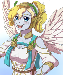 Size: 1113x1315 | Tagged: safe, artist:evomanaphy, oc, oc only, oc:evo, anthro, anthro oc, blushing, breasts, cleavage, clothes, cosplay, costume, crossover, doodle, female, freckles, happy, mercy, overwatch, ponytail, sketch, solo, wings