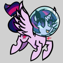 Size: 1280x1280 | Tagged: safe, artist:therederrorart, twilight sparkle, alicorn, pony, g4, female, flying, gray background, mare, open mouth, simple background, smiling, solo, space helmet, spread wings, twilight sparkle (alicorn), wings