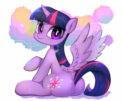 Size: 1024x852 | Tagged: dead source, safe, artist:9seconds, twilight sparkle, alicorn, pony, g4, butt, cute, female, looking at you, looking back, plot, sitting, smiling, solo, spread wings, twiabetes, twibutt, twilight sparkle (alicorn), wings