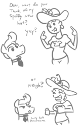 Size: 505x807 | Tagged: safe, artist:jargon scott, oc, oc only, oc:horsey husband, oc:human wifey, earth pony, human, pony, comic, dialogue, frown, grayscale, grin, hat, horse puns, interspecies, monochrome, necktie, neigh, open mouth, pointing, pun, simple background, smiling, unamused, white background, yay