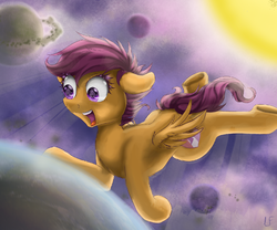Size: 1680x1400 | Tagged: safe, artist:redheadfly, scootaloo, pegasus, pony, g4, commission, croup, cute, cutealoo, female, giant pony, macro, open mouth, planet, pony bigger than a planet, solo, space, sun, underhoof