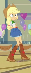 Size: 396x934 | Tagged: safe, screencap, applejack, equestria girls, g4, my little pony equestria girls, balloon, boots, clothes, cowboy boots, cowboy hat, cropped, denim skirt, female, hat, heart balloon, shoes, skirt, solo, stetson