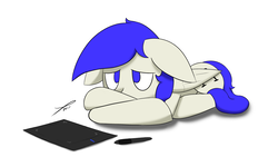 Size: 2560x1440 | Tagged: safe, artist:platenjack, oc, oc only, oc:platen, pony, floppy ears, sad, simple background, solo, tablet, white background