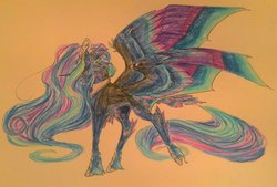 Size: 1024x691 | Tagged: safe, artist:oneiria-fylakas, nightmare moon, braham, original species, pony, g4, colored wings, female, multicolored wings, solo, species swap, traditional art