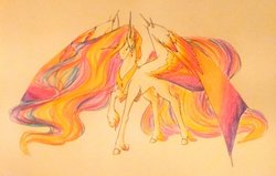 Size: 1024x651 | Tagged: safe, artist:oneiria-fylakas, daybreaker, original species, pony, g4, colored wings, dayadan, female, multicolored wings, solo, species swap, traditional art