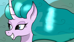Size: 1024x576 | Tagged: safe, artist:susanzx2000, mistmane, pony, campfire tales, g4, curved horn, female, horn, smiling, solo, watermark