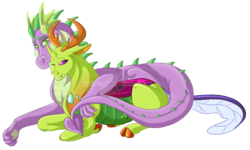 Size: 1250x750 | Tagged: safe, artist:bijutsuyoukai, spike, thorax, changedling, changeling, dragon, g4, adult, adult spike, changeling x dragon, cuddling, gay, interspecies, king thorax, male, older, older spike, one eye closed, prone, ship:thoraxspike, shipping, simple background, spikelove, transparent background