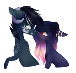 Size: 1024x981 | Tagged: safe, artist:hyshyy, oc, oc only, oc:moonglade, oc:nightingale, pony, boop, female, floppy ears, mare, noseboop, simple background, transparent background