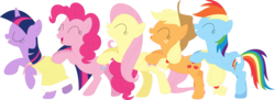 Size: 3594x1303 | Tagged: safe, artist:porygon2z, applejack, fluttershy, pinkie pie, rainbow dash, twilight sparkle, earth pony, pegasus, pony, unicorn, g4, sweet and elite, butt touch, clothes, conga, dress, eyes closed, female, hoof on butt, mare, simple background, transparent background, vector