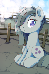 Size: 1061x1591 | Tagged: safe, artist:anonbelle, marble pie, earth pony, pony, g4, colored pupils, female, hair over one eye, mare, sitting, smiling, solo