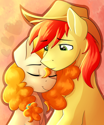 Size: 2000x2400 | Tagged: safe, artist:rubywave32, bright mac, pear butter, earth pony, pony, g4, the perfect pear, :t, abstract background, cowboy hat, cute, eyes closed, female, hat, heart, high res, lidded eyes, male, mare, neck nuzzle, nuzzling, ship:brightbutter, shipping, sitting, smiling, stallion, stetson, straight