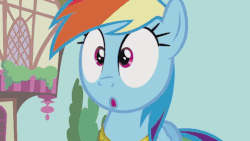 Size: 480x270 | Tagged: safe, screencap, rainbow dash, pony, g4, magical mystery cure, element of loyalty, female, gif, mare, non-animated gif, solo, surprised