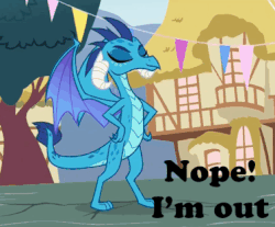 Size: 377x312 | Tagged: safe, edit, edited screencap, screencap, princess ember, dragon, g4, triple threat, abandon thread, animated, female, flying, gif, house, i'm out, nope, reaction image, reversed, sky, tree