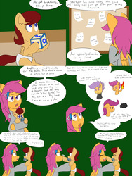 Size: 2400x3200 | Tagged: safe, artist:jake heritagu, scootaloo, oc, oc:lightning blitz, pegasus, pony, comic:ask motherly scootaloo, g4, alternate timeline, baby, baby pony, blocks, boop, chewing, colt, comic, dialogue, duo, eating, female, hairpin, high res, holding a pony, male, mother and son, motherly scootaloo, mouth hold, multiverse, noseboop, notes, offspring, older, older scootaloo, parent:rain catcher, parent:scootaloo, parents:catcherloo, pinboard, speech bubble, sweatshirt, toy