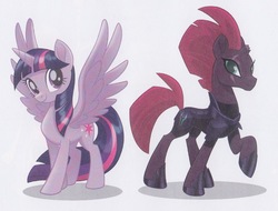 Size: 843x639 | Tagged: safe, tempest shadow, twilight sparkle, alicorn, pony, g4, my little pony: the movie, broken horn, cardboard twilight, eye scar, friends and foes, horn, raised hoof, scar, twilight sparkle (alicorn)