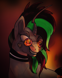 Size: 1000x1250 | Tagged: safe, artist:overlord pony, oc, oc only, oc:brokenbones, pony, unicorn, collar, curved horn, facial markings, fangs, female, glasses, horn, looking at you, smiling, solo