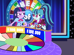 Size: 4032x3024 | Tagged: safe, artist:ktd1993, sonata dusk, twilight sparkle, equestria girls, g4, female, lesbian, ship:twinata, shipping, wheel of fortune