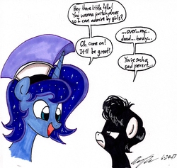 Size: 1350x1278 | Tagged: safe, artist:newyorkx3, princess luna, oc, oc:tommy junior, pony, g4, artemabetes, colt, cute, dialogue, duo, looking at each other, male, prince artemis, rule 63, rule63betes, simple background, smiling, speech bubble, stallion, traditional art, white background