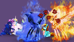 Size: 1920x1080 | Tagged: safe, artist:jucamovi1992, daybreaker, nightmare moon, princess celestia, princess luna, starlight glimmer, oc, alicorn, pegasus, pony, unicorn, a royal problem, g4, female, food, gritted teeth, looking at each other, mare, popcorn, rivalry, royal sisters