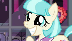 Size: 1280x720 | Tagged: safe, screencap, coco pommel, earth pony, pony, g4, made in manehattan, cocobetes, cute, faic, female, grin, mare, smiling, solo, squee, window