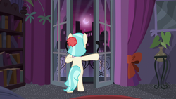 Size: 1280x720 | Tagged: safe, screencap, coco pommel, earth pony, pony, g4, made in manehattan, bookshelf, coco's apartment, curtains, facing away, female, mare, moon, potted plant, solo, standing