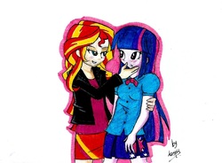 Size: 1054x776 | Tagged: safe, artist:lassywuafwuaf, sunset shimmer, twilight sparkle, equestria girls, g4, blushing, female, lesbian, looking at each other, ship:sunsetsparkle, shipping, simple background, traditional art