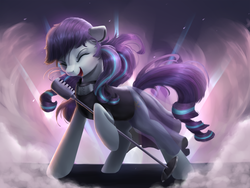 Size: 1000x750 | Tagged: safe, artist:vanillaghosties, coloratura, earth pony, pony, g4, clothes, eyes closed, female, hoof hold, mare, microphone, open mouth, rara, rarabetes, singing, solo, stage
