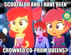 Size: 691x537 | Tagged: safe, edit, edited screencap, screencap, apple bloom, nolan north, scootaloo, sophisticata, equestria girls, g4, my little pony equestria girls: summertime shorts, raise this roof, apple bloom's bow, bow, clothes, fall formal outfits, female, hair bow, image macro, implied lesbian, lesbian, meme, open mouth, ship:scootabloom, shipping
