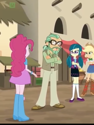 Size: 1536x2048 | Tagged: safe, screencap, applejack, canter zoom, juniper montage, pinkie pie, equestria girls, g4, movie magic, spoiler:eqg specials, crossed arms, female, glasses, india movie set, male, pigtails, uncle and niece