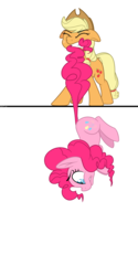 Size: 2000x4000 | Tagged: safe, artist:binkyt11, derpibooru exclusive, applejack, pinkie pie, earth pony, pony, g4, biting, breaking the fourth wall, dock, female, firealpaca, fireplace, floppy ears, fourth wall, frown, gritted teeth, hanging, mare, medibang paint, mouth hold, newbie artist training grounds, scared, simple background, tail bite, tail pull, transparent background, wide eyes