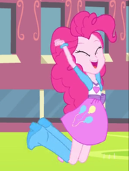 Size: 1536x2048 | Tagged: safe, screencap, pinkie pie, equestria girls, g4, my little pony equestria girls, canterlot high, cute, eyes closed, female, happy, jumping, open mouth, solo