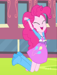 Size: 1536x2048 | Tagged: safe, screencap, pinkie pie, equestria girls, g4, my little pony equestria girls, boots, canterlot high, clothes, cute, eyes closed, female, happy, high heel boots, jacket, jumping, jumping for joy, open mouth, shirt, shoes, skirt, solo, vest