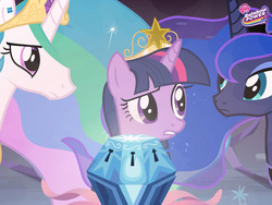 Size: 1600x1200 | Tagged: safe, princess celestia, princess luna, twilight sparkle, alicorn, pony, g4, official, princess twilight sparkle (episode), chest of harmony, confused, crown, ethereal mane, exchanging looks, eyeshadow, female, flowing mane, frown, jewelry, keyhole, makeup, mare, multicolored mane, my little pony logo, raised eyebrow, regalia, trio, twilight sparkle (alicorn), wallpaper