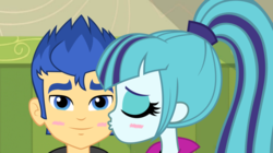 Size: 1024x572 | Tagged: safe, artist:themexicanpunisher, flash sentry, sonata dusk, equestria girls, g4, cheek kiss, female, kissing, male, senata, shipping, straight