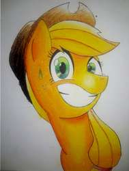 Size: 2440x3224 | Tagged: safe, artist:mustachedbain, applejack, earth pony, pony, g4, female, grin, high res, nervous, nervous smile, smiling, solo, sweat, sweatdrop, traditional art