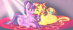 Size: 1280x521 | Tagged: safe, artist:microwaved-box, sunset shimmer, twilight sparkle, oc, oc:daybreak, oc:eventide, alicorn, pony, unicorn, g4, alternate hairstyle, boop, cute, eyes closed, family, female, filly, lesbian, magical lesbian spawn, mare, next generation, noseboop, nuzzling, offspring, one eye closed, parent:sunset shimmer, parent:twilight sparkle, parents:sunsetsparkle, shimmerbetes, ship:sunsetsparkle, shipping, twiabetes, twilight sparkle (alicorn)