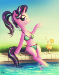 Size: 1200x1520 | Tagged: safe, artist:magfen, starlight glimmer, unicorn, anthro, unguligrade anthro, g4, arm hooves, belly button, bikini, breasts, chestbreasts, clothes, cute, female, glimmerbetes, juice, mare, orange juice, ponytail, smiling, solo, swimming pool, swimsuit