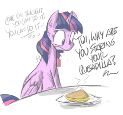 Size: 1734x1620 | Tagged: safe, artist:flutterthrash, twilight sparkle, alicorn, pony, g4, atg 2017, dialogue, english, facing your fears, food, grammar error, inner thoughts, newbie artist training grounds, offscreen character, quesadilla, simple background, sitting, solo focus, stare, sweat, they're just so cheesy, thinking, twilight sparkle (alicorn), white background