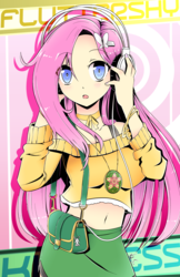 Size: 792x1224 | Tagged: safe, artist:banzatou, fluttershy, human, g4, belly button, breasts, clothes, cute, female, headphones, humanized, looking at you, manga style, midriff, short shirt, shyabetes, skirt, solo