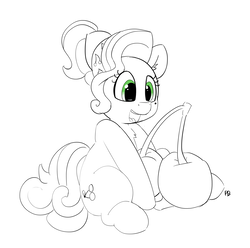 Size: 7651x7592 | Tagged: safe, artist:pabbley, cherry jubilee, earth pony, pony, g4, 30 minute art challenge, absurd resolution, cherry, female, food, giant food, monochrome, open mouth, partial color, sitting, sketch, solo