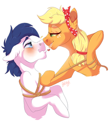 Size: 772x845 | Tagged: safe, artist:qatsby, applejack, oc, oc:constance everheart, pony, g4, bandana, blushing, canon x oc, everjack, female, heart, lasso, male, rope, scrunchy face, shipping, straight, tied up