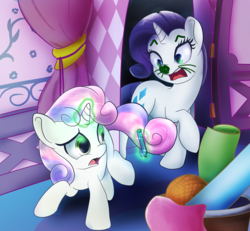Size: 1080x1000 | Tagged: safe, artist:klemm, rarity, sweetie belle, pony, unicorn, g4, angry, atg 2017, duo, face doodle, female, imminent spanking, marker, newbie artist training grounds, rarimouse, scared, siblings, sisters, this will end in tears, whiskers
