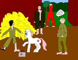 Size: 813x630 | Tagged: artist needed, source needed, safe, big macintosh, nurse redheart, human, g4, 1000 hours in ms paint, bandage, barn, bratishka, crossover, cyrillic, ms paint, pahom, polkovnik, raised hoof, russian, the green elephant, translated in the description